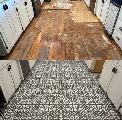 Before-and-after kitchen flooring showing damaged wood subfloor replaced with patterned tile.